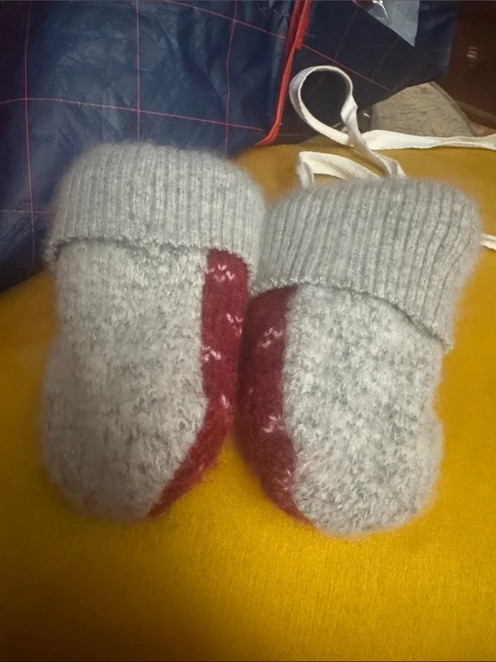 Children's Knit Mittens in Red with Gray Cuffs